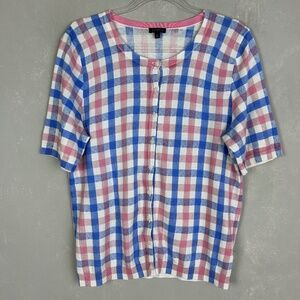 Talbots size L short sleeve lightweight cardigan navy pink check cotton blend